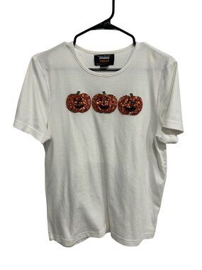 Studio Treat White T-Shirt Orange Sequin Pumpkin Graphic Tee Size XL Halloween